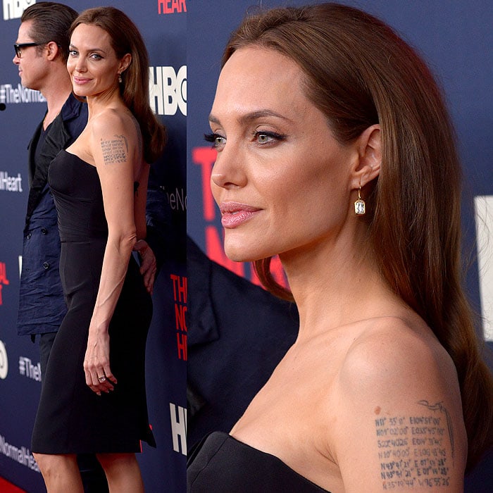 Angelina Jolie's makeup looking flawless and Brad Pitt's jacket looking even more wrinkly without the flash photography