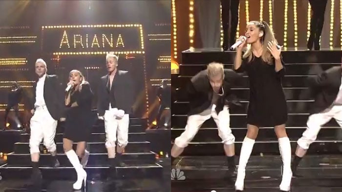 Ariana Grande wears her hair up in her signature ponytail as she performs on stage at the 2014 iHeartRadio Music Awards