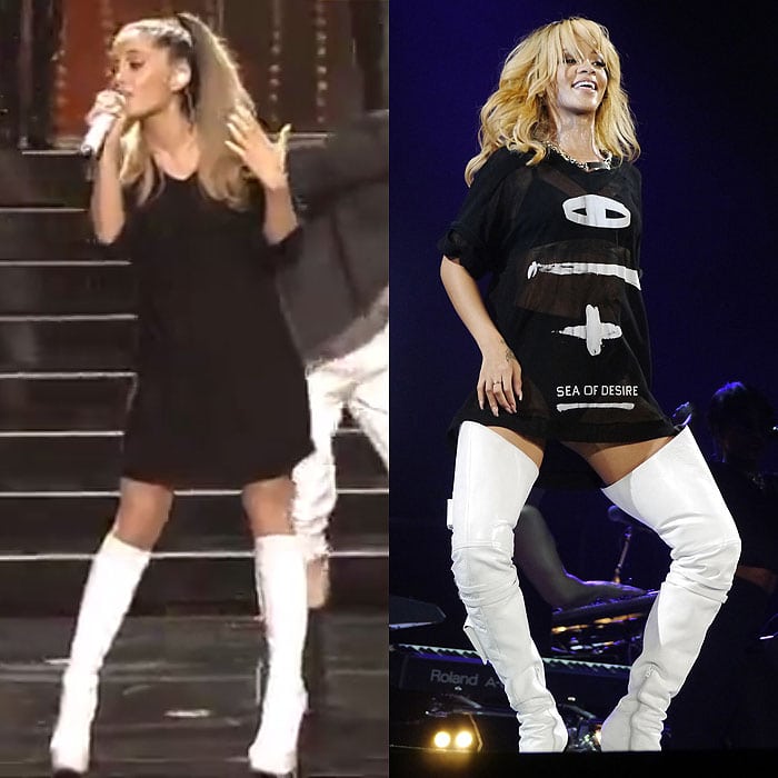 Ariana Grande vs. Rihanna in an oversized black top and tall white thigh-high boots