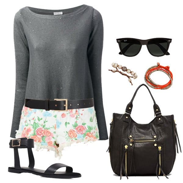 Memorial Day outfit with sheer knit sweater and flat black sandals