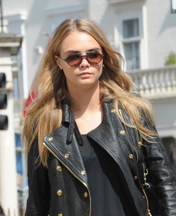 Cara Delevingne in Burberry Brit lambskin biker jacket