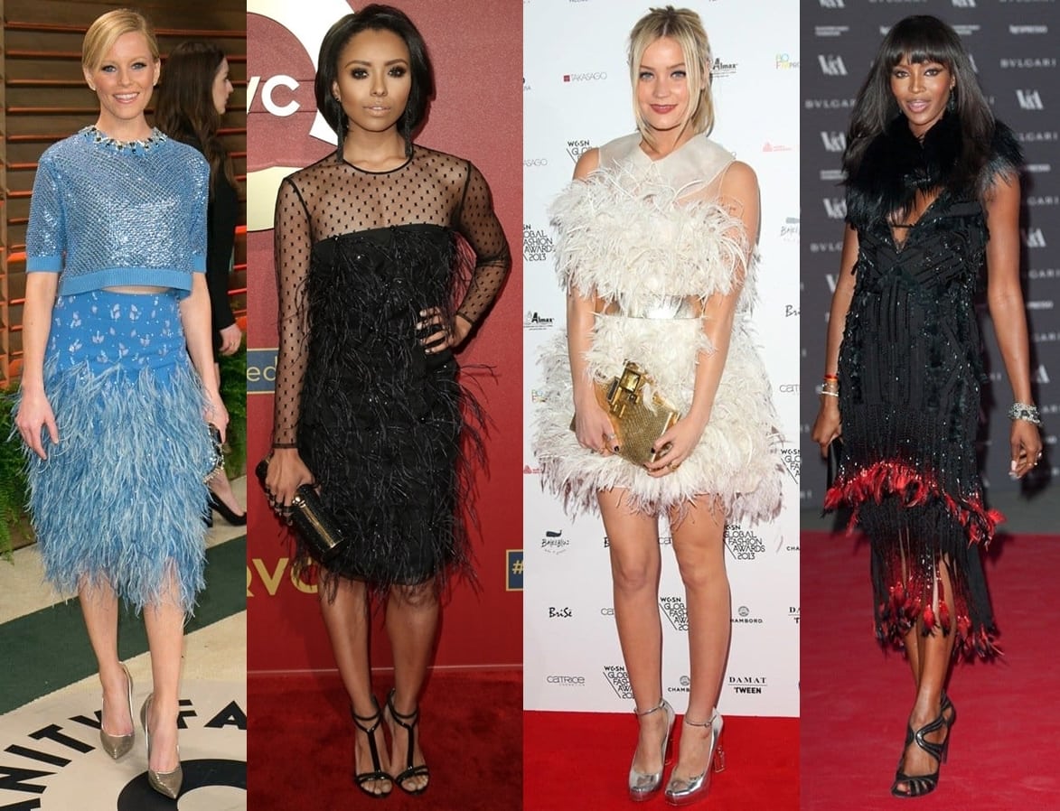 Elizabeth Banks dazzles in a blue, feathered Jenny Packham dress, Kat Graham commands attention in a black, feathered masterpiece, Laura Whitmore charms in a whimsical, white feathered outfit, and Naomi Campbell dominates in a fierce, feather-accented black and red Roberto Cavalli gown