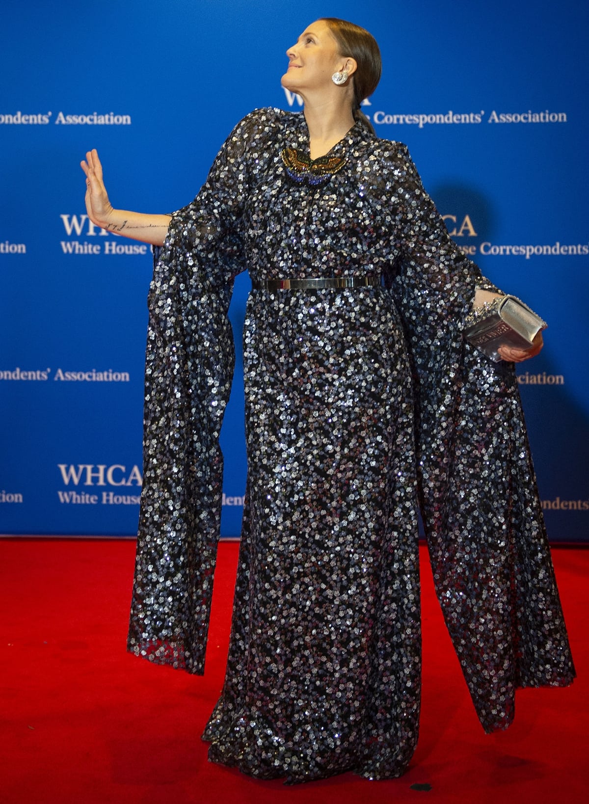 Drew Barrymore in a sequined Lanvin cape at the 2022 White House Correspondents' Association Dinner