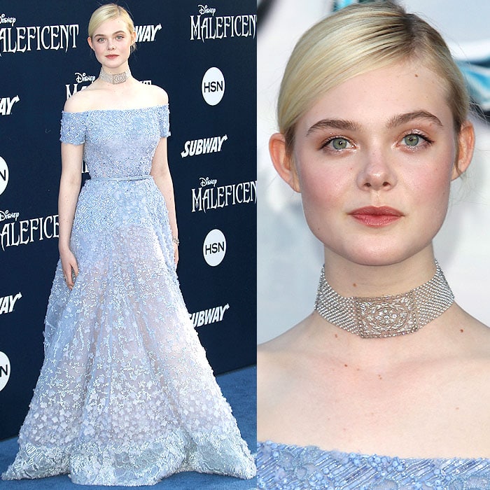 Elle Fanning wears a silver choker necklace at the Maleficent world premiere