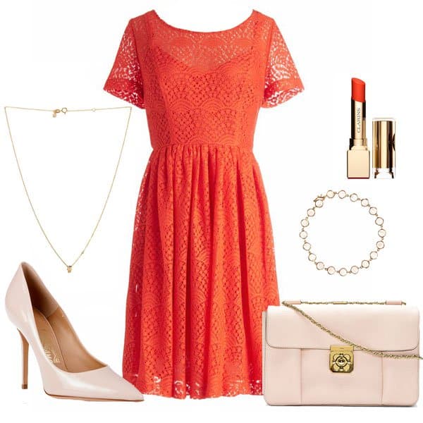 Orange dress with nude pumps and accessories