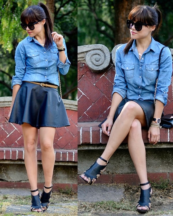 Gaby highlighted her legs in a leather skirt and a denim top