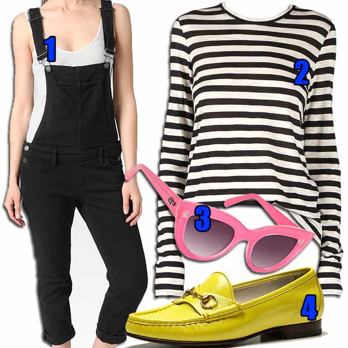 1. Paige Denim "Sierra" Overalls, $279 / 2. Proenza Schouler Striped Long-Sleeve Tee, $280 / 3. Quay Cat-Eye Sunglasses, $40 / 4. Gucci Horsebit Loafers, $575