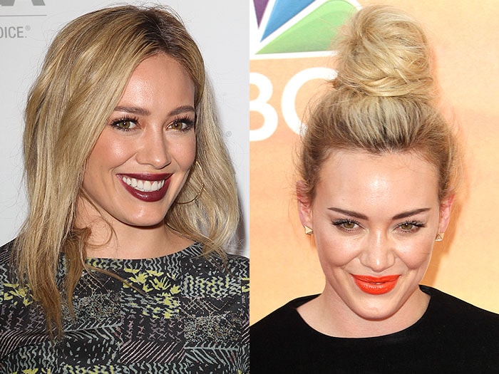 Hilary Duff shows off her hair transformation, from a sleek, shoulder-length style to a chic, top knot updo