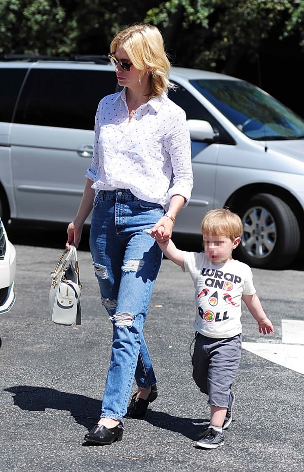 January Jones takes son Xander to lunch at Houston's restaurant before grocery shopping in Pasadena in Los Angeles on April 7, 2014