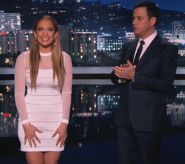 Jennifer Lopez in white-sheer paneled sheath dress