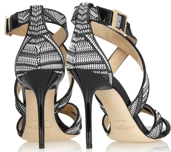 Jimmy Choo Lottie patent-leather and woven faux-raffia sandals