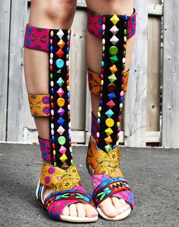 Katie's hot feet in colorful gladiator sandals