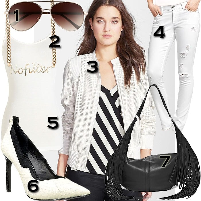 Get Khloé Kardashian's chic all-white airport look with 1. FE NY aviator sunglasses, 2. Chelsea Bulte 'No Filter' necklace, 3. Bebe perforated bomber jacket, 4. Old Navy distressed white skinny jeans, 5. 'A Layer to Love' top, 6. Dolce Vita 'Karine' pumps, and 7. French Connection indie fringe hobo bag