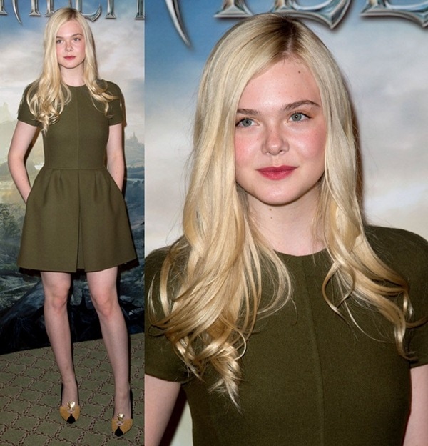 Elle Fanning looked lovely in an olive green dress at the 'Maleficent' photo call