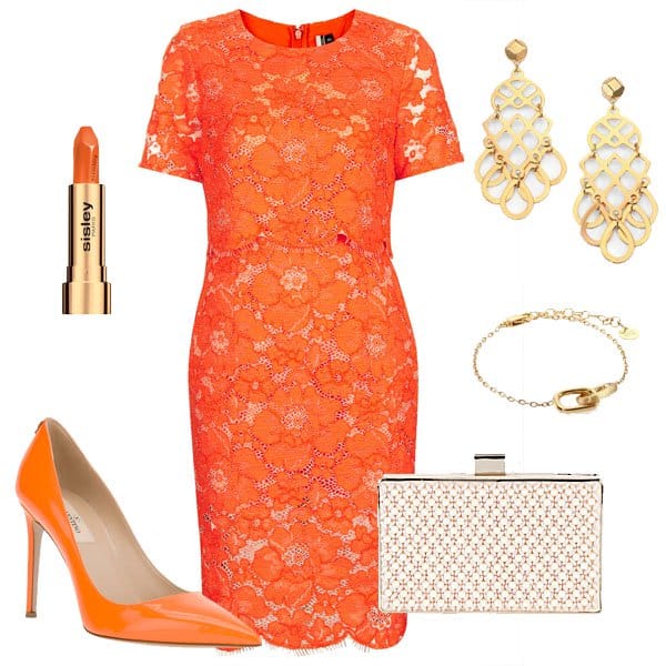 Orange lace pencil dress with matching pumps and accessories