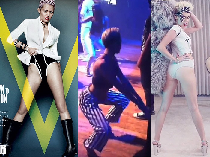 Miley Cyrus on the cover of V Magazine's May 2013 issue; twerking on stage at Juicy J's show at the House of Blues in Los Angeles, California, on June 8, 2013; in the director's cut version of her 