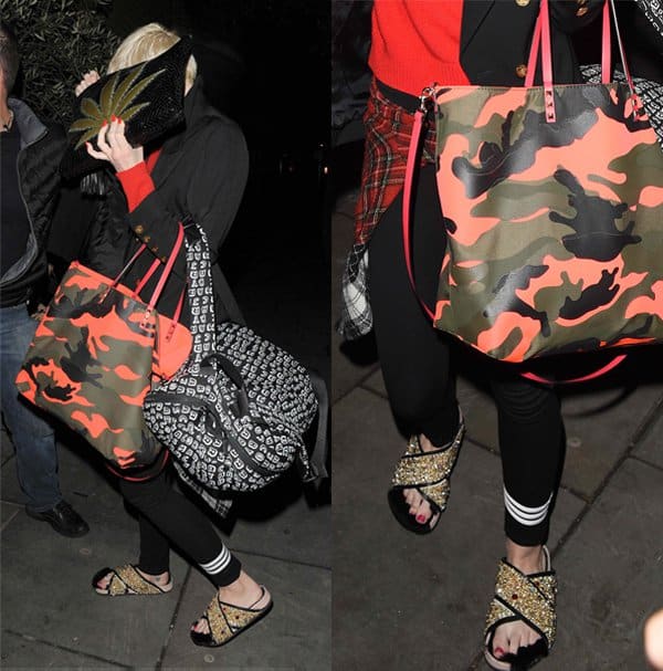 Miley Cyrus arriving at Claridge's hotel hiding her face with a cannabis leaf logo bag