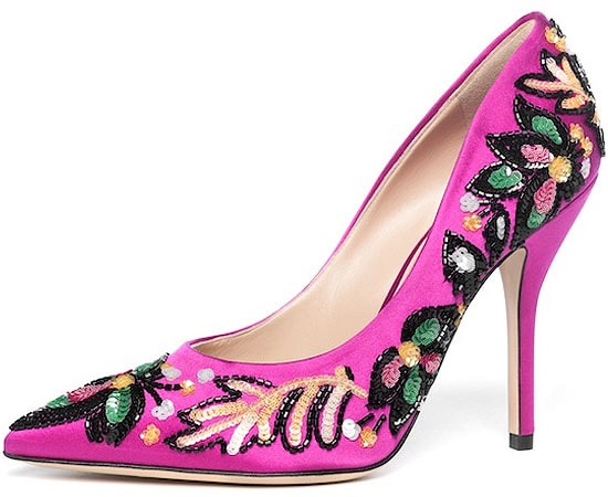 Paul Andrew "Shakti Soir" Hand-Embroidered Fuchsia Satin Pumps