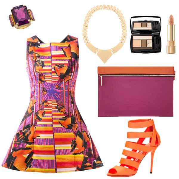 Graphic-print dress with neon orange sandals and accessories