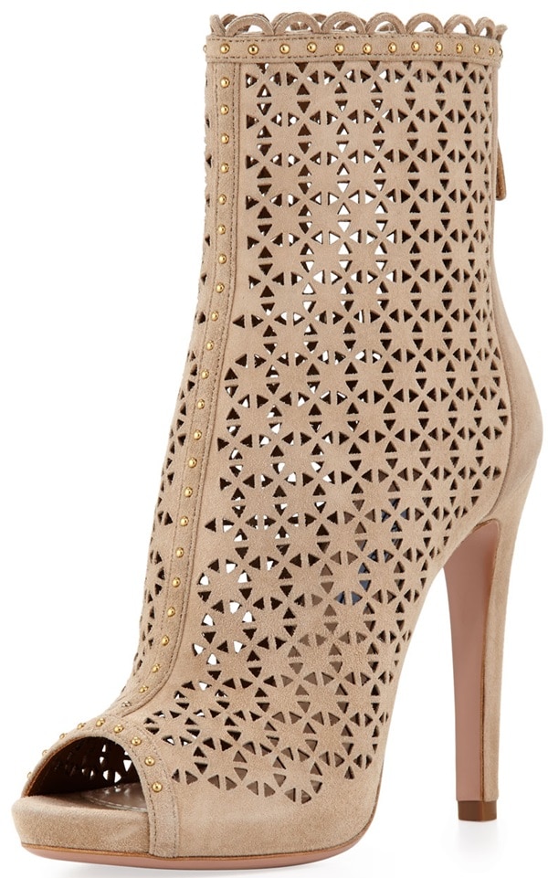 Prada Perforated Suede Ankle Boothed Leather Pump