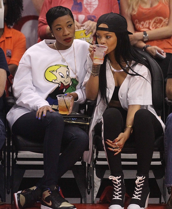 Melissa Forde and Rihanna watching the Los Angeles Clippers vs. Oklahoma City Thunder playoff game