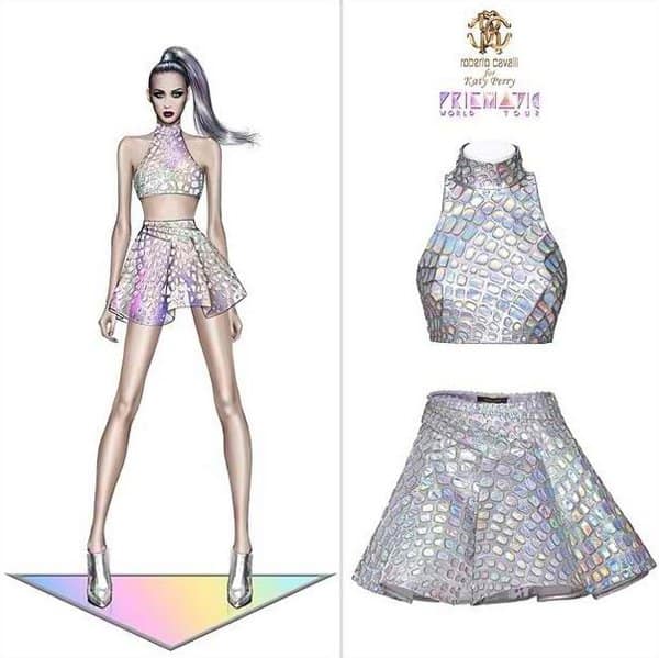 Sketch of Katy Perry's custom 'Kaleidoscope Brodé' dress designed by Roberto Cavalli for her Prismatic World Tour