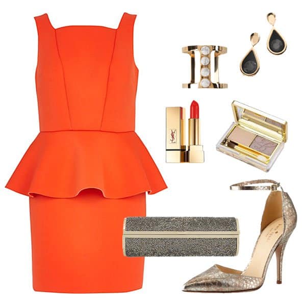 Orange scuba peplum pencil dress with metallic heels and accessories