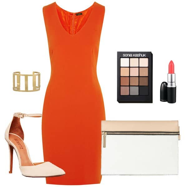Orange dress with ankle-strap shoes and accessories