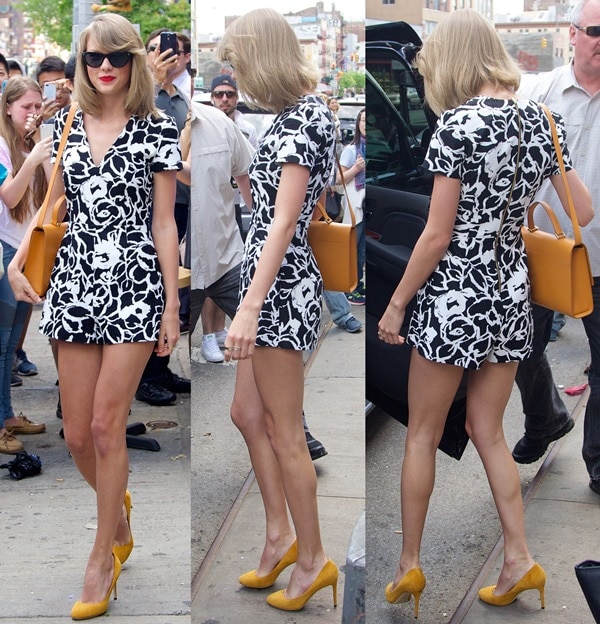 Taylor Swift turned heads in a bold black-and-white SUNO romper paired with sunshine-yellow Gucci suede pumps that perfectly popped against her monochrome outfit