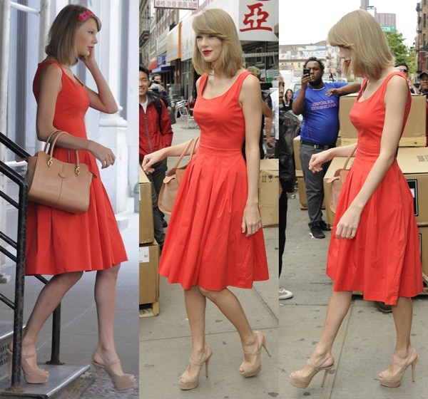 Taylor Swift in a red dress and high heel shoes while out shopping and going to the gym in Manhattan, New York City, on May 19, 2014