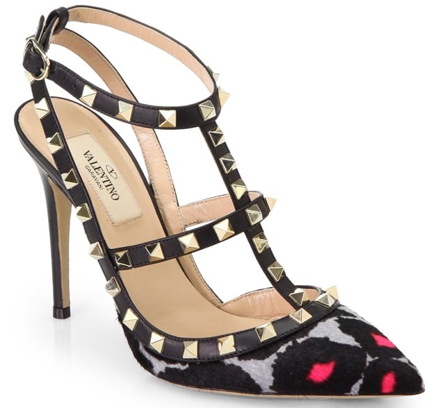 Valentino Black Rockstud Leopardprint Calf Hair Slingback Pumps