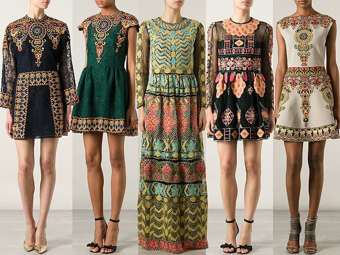 A selection of stunning embroidered dresses by Valentino showcasing intricate designs and vibrant colors
