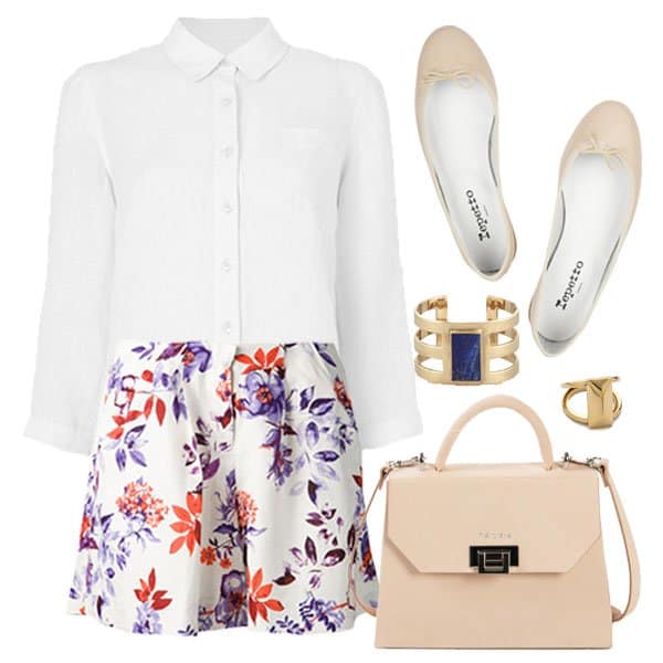 Hot Memorial Day outfit with white shirt and floral shorts