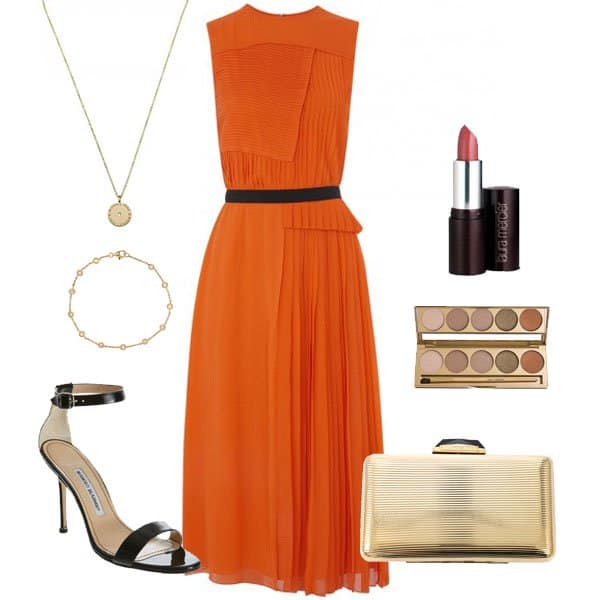Orange pleated silk chiffon dress with black sandals and accessories