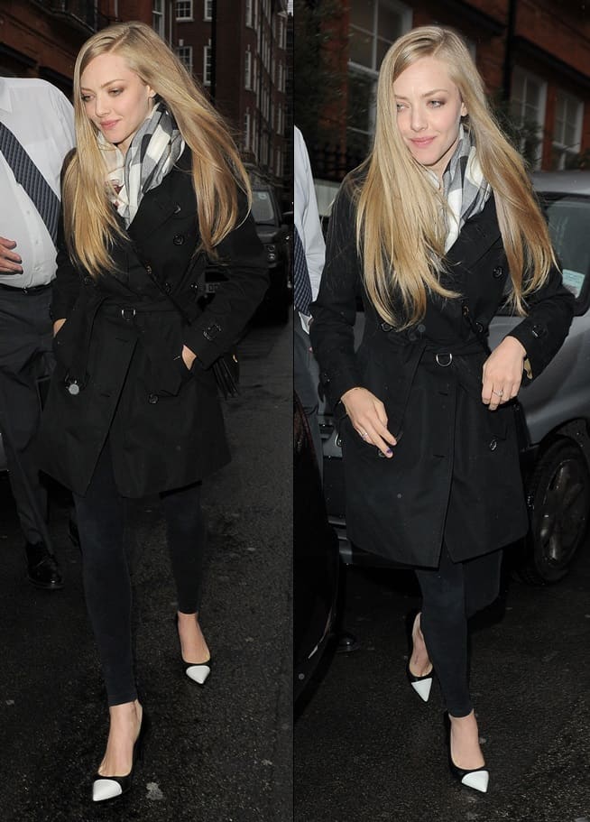 Amanda Seyfried leaves her hotel in London in a monochromatic getup styled with cap-toe pumps and a checkered scarf