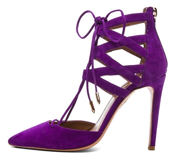 Jamie Chung in Purple Aquazzura 'Belgravia' Suede Lace Up Pumps