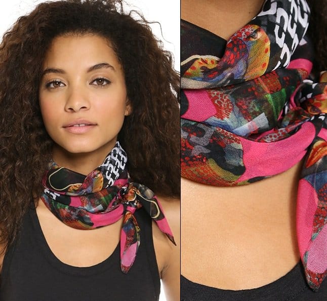 This vibrant silk scarf merges Diane von Furstenberg's signature chain-link pattern with an exclusive Born Free print designed by Kenyan artist Wangechi Mutu