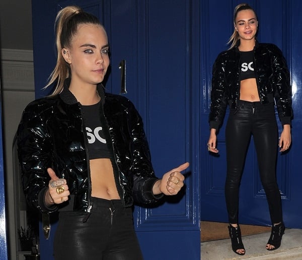 Cara Delevingne posing outside her apartment after attending a party hosted by Fendi