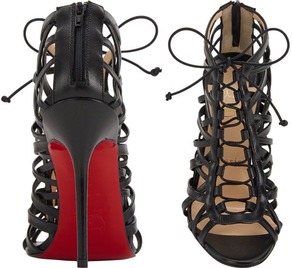 Black leather Christian Louboutin cage sandals with tonal stitching, covered heels, and zip closure at counters featuring tie closure at uppers