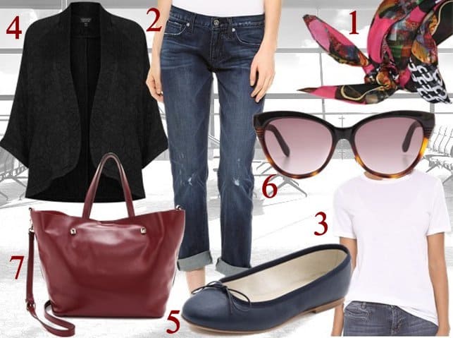 1. Born Free Diane von Furstenberg Scarf, $88 / 2. BB Dakota "Dakota" Collective Charlie Jeans, $132 / 3. Three Dots Short-Sleeve Crew Neck Tee, $66 / 4. Topshop Draped Jacquard Jacket, $120 / 5. Anniel Leather Ballet Flats, $205 / 6. Monserat de Lucca Large Docente Tote, $247 / 7. MARC by Marc Jacobs Cat-Eye Sunglasses, $98