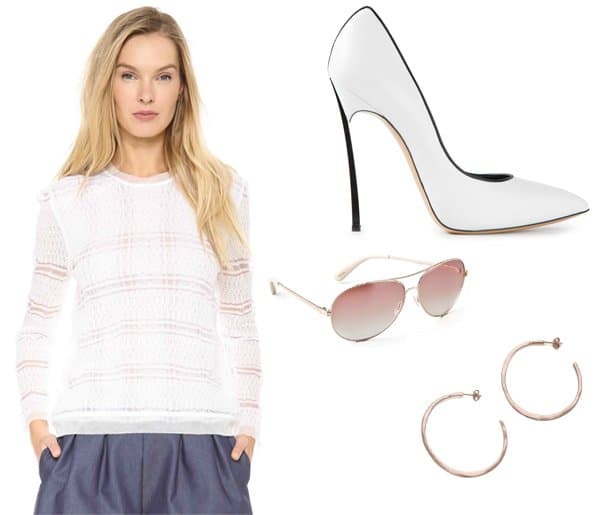 Thakoon Sheer Double Layer Pullover, $690.00 / Gorjana Arc Hoop Earrings, $54.00 / Marc by Marc Jacobs Aviator Sunglasses, $98.00 / Casadei Contrast Stiletto Pumps, $725.30