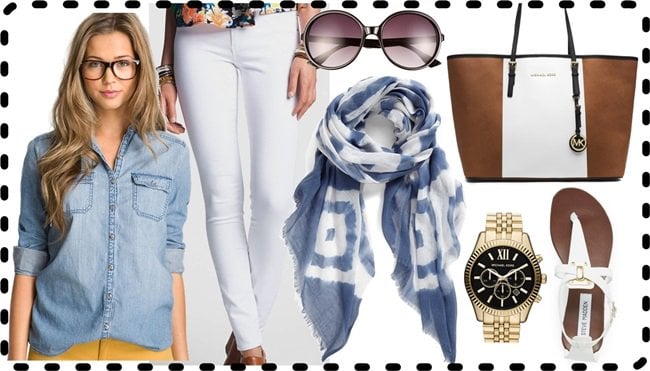 This spring outfit features a light blue chambray shirt paired with white skinny jeans, complemented by a blue-printed scarf, brown and white Michael Kors tote, stylish gold watch, oversized sunglasses, and chic white sandals for a fresh and effortless look