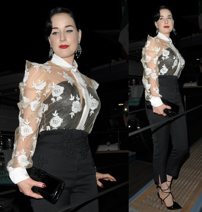 Dita Von Teese at Roberto Cavalli's boat party held during the 2014 Cannes Film Festival in France on May 21, 2014 srcset=