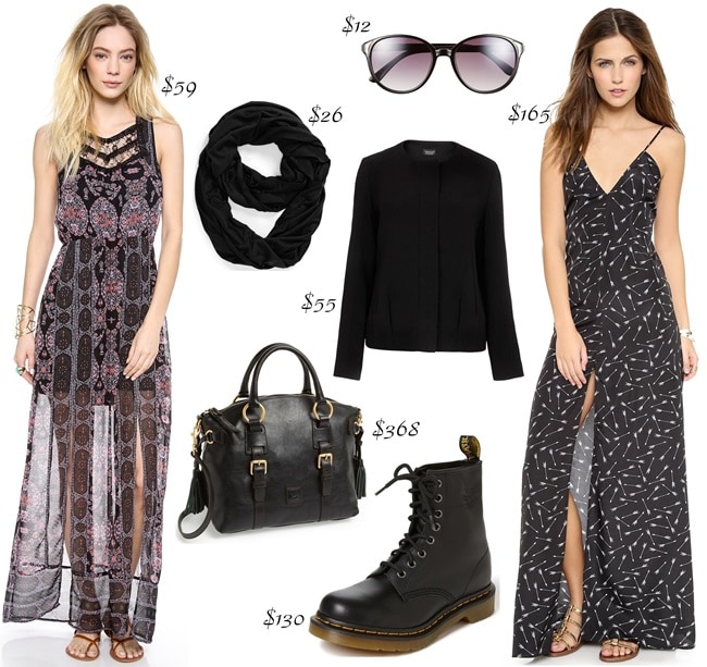 To copy Jessica's style, choose a sheer maxi dress with a thigh-high slit, pair it with Dr. Martens boots, and accessorize with a black circle scarf, a semi-structured blazer (rolled-up sleeves), dark sunglasses, and a matching purse