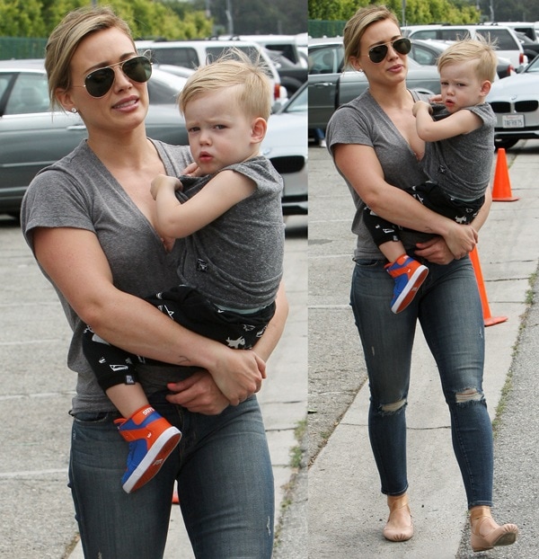 Hilary Duff wears a comfy gray tee and ripped skinny jeans by J Brand
