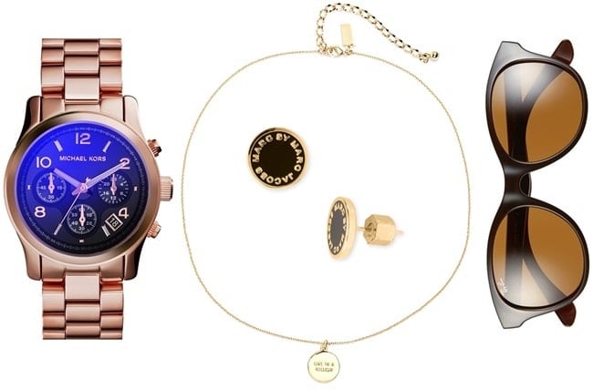 Michael Kors 37 mm Runway Watch / Kate Spade "One in a Million" Pendant Necklace / Ray-Ban "Highstreet" Sunglasses / MARC by Marc Jacobs Enamel Logo Earrings