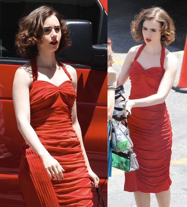 Lily Collins showcasing vintage Hollywood glamour with her perfectly styled short curly bob and bold red lipstick on set for 'Rules Don't Apply' in Los Angeles