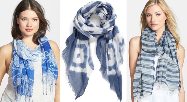 Lucky Brand Dakota Reeds Print Scarf, $49.50 / Lauren Ralph Lauren Oversized Diamond Tie Dye Scarf, $38 / Eileen Fisher Stripe Scarf, $128