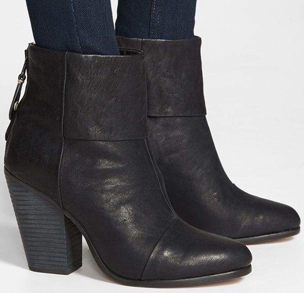 A stacked heel lifts a versatile, ultrachic leather bootie featuring a fold-over cuff detail at the front ankle.