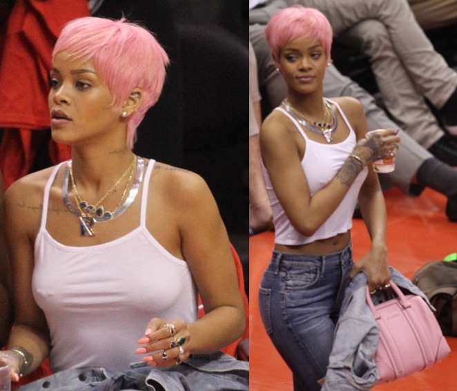 Rihanna with pink hair in skinny jeans